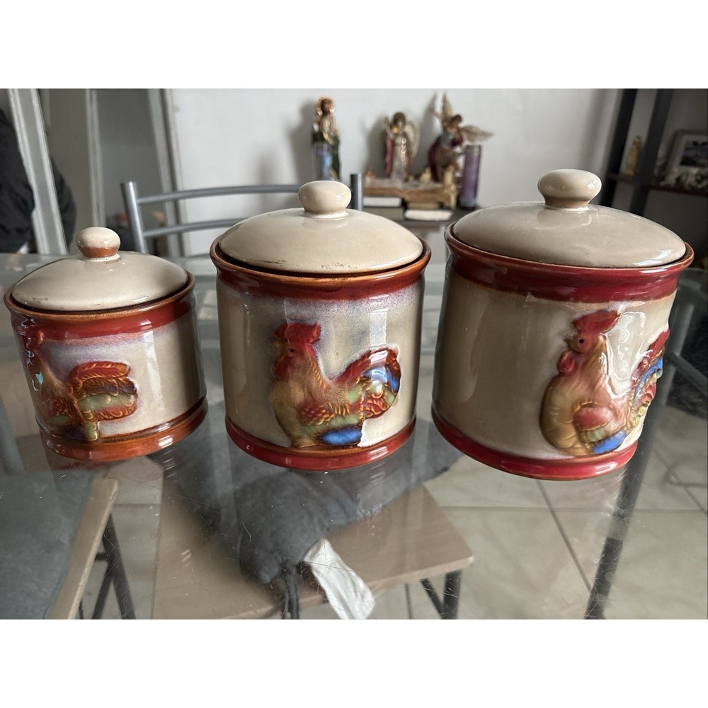 Vintage Ceramic Rooster Canister Set of 3 Drip Glaze Farmhouse Kitchen Jars